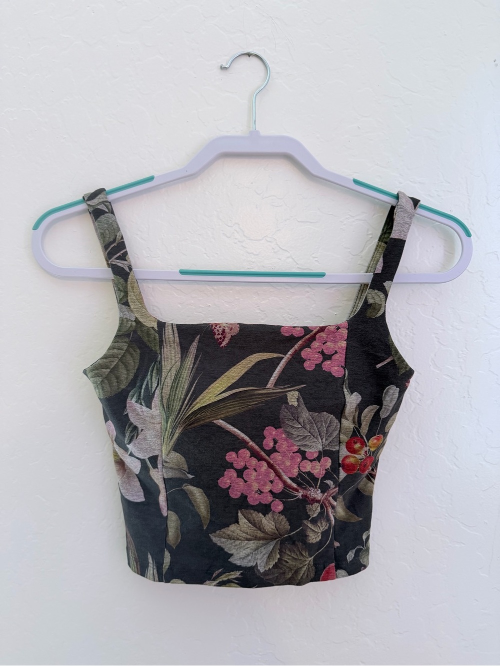 Beyond Yoga Floral Square-Neck Crop Top - Black with Pink & Green